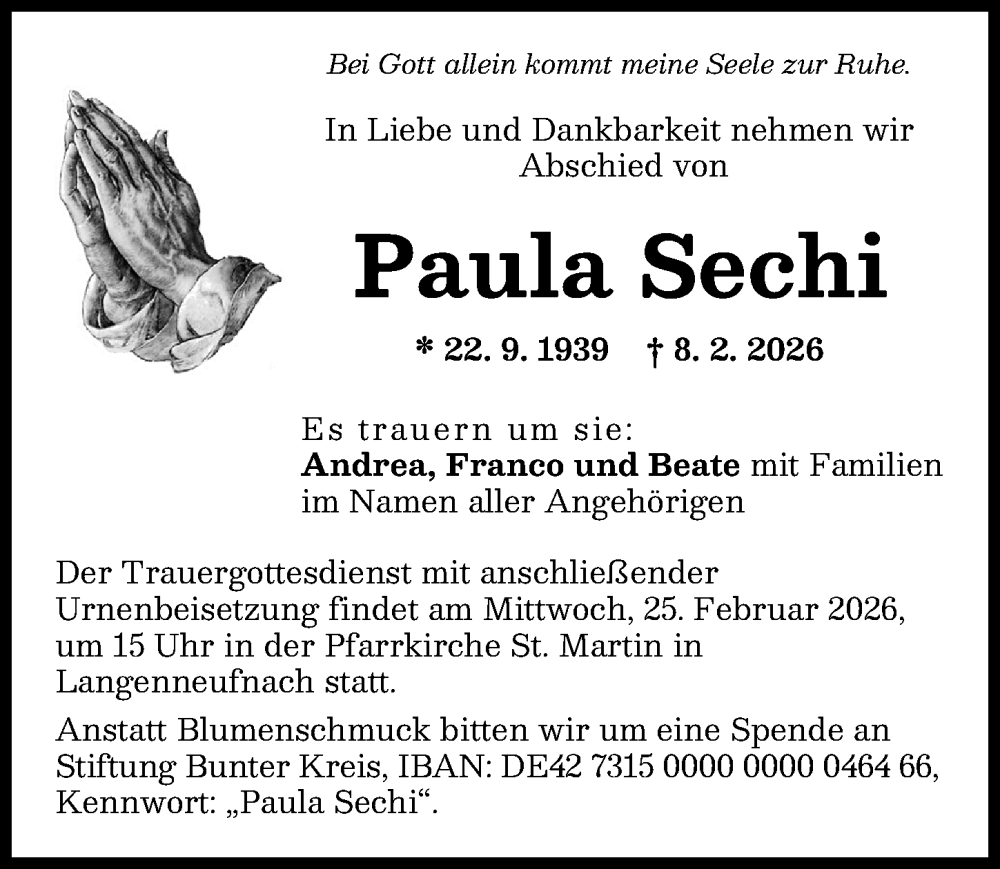  Traueranzeige für Paula Sechi vom 21.02.2026 aus Schwabmünchner Allgemeine