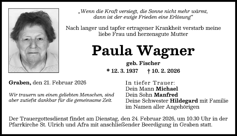 Traueranzeige für Paula Wagner vom 21.02.2026 aus Schwabmünchner Allgemeine