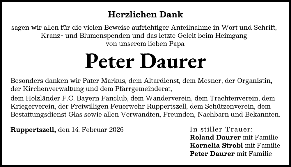  Traueranzeige für Peter Daurer vom 14.02.2026 aus Aichacher Nachrichten