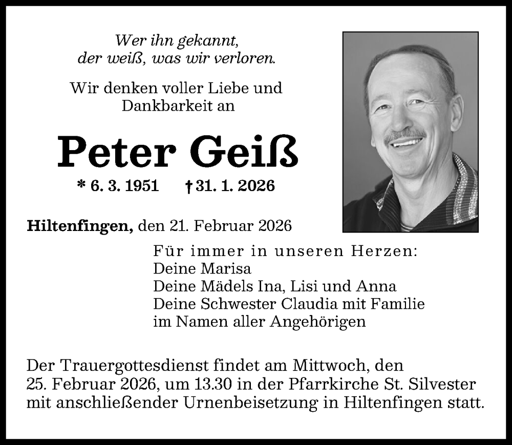  Traueranzeige für Peter Geiß vom 21.02.2026 aus Augsburger Allgemeine