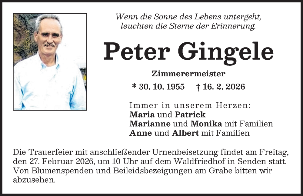  Traueranzeige für Peter Gingele vom 23.02.2026 aus Neu-Ulmer Zeitung