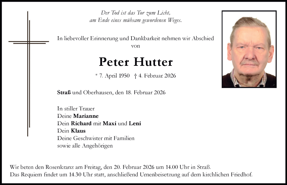  Traueranzeige für Peter Hutter vom 18.02.2026 aus Neuburger Rundschau