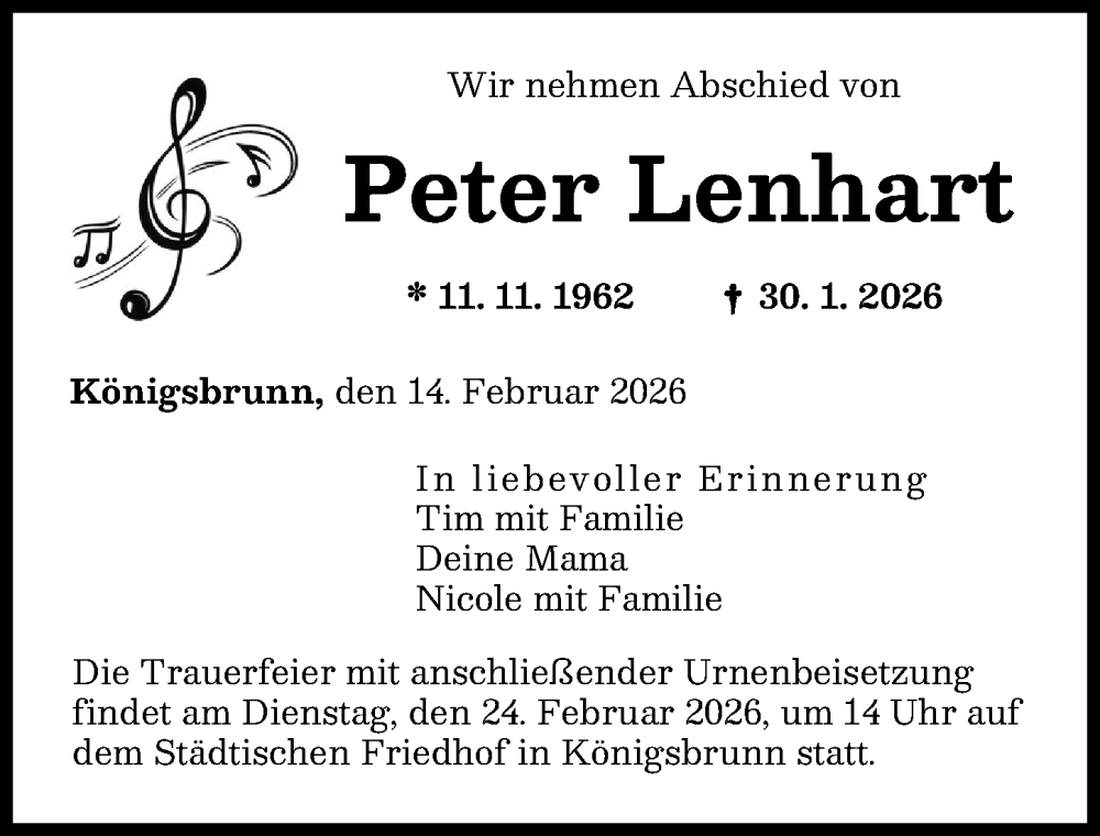  Traueranzeige für Peter Lenhart vom 14.02.2026 aus Augsburger Allgemeine