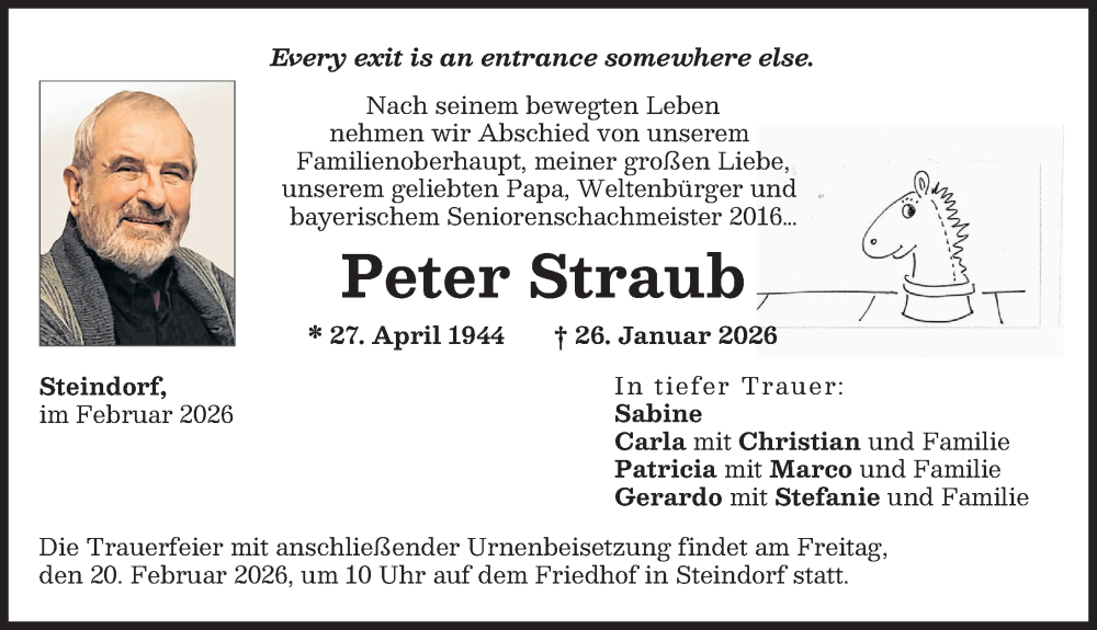 Traueranzeige für Peter Straub vom 07.02.2026 aus Friedberger Allgemeine