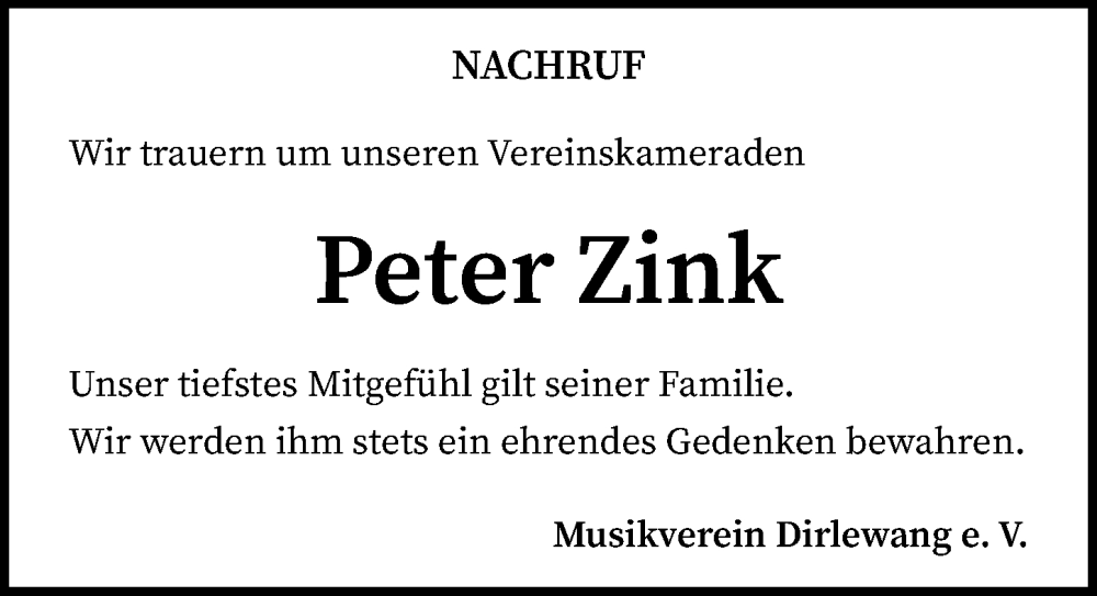  Traueranzeige für Peter Zink vom 24.02.2026 aus Mindelheimer Zeitung