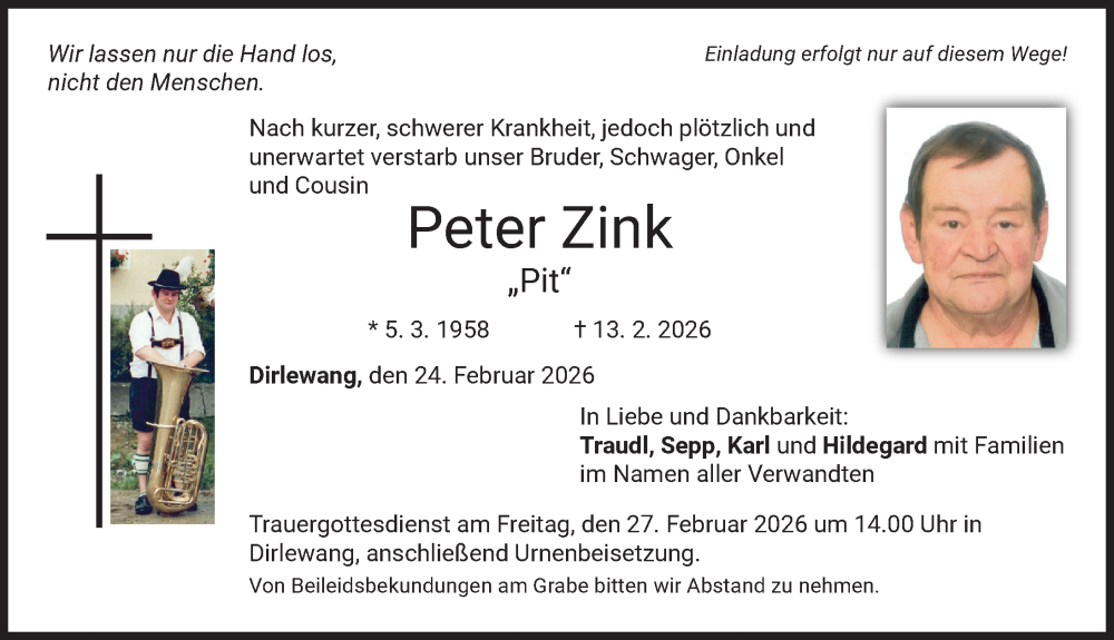  Traueranzeige für Peter Zink vom 24.02.2026 aus Mindelheimer Zeitung