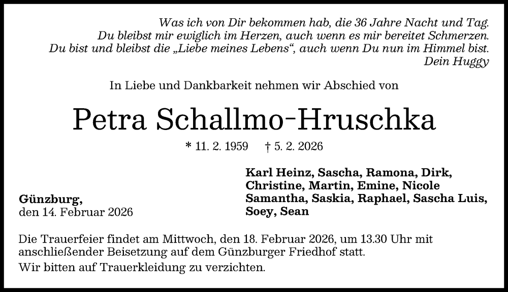  Traueranzeige für Petra Schallmo-Hruschka vom 14.02.2026 aus Günzburger Zeitung