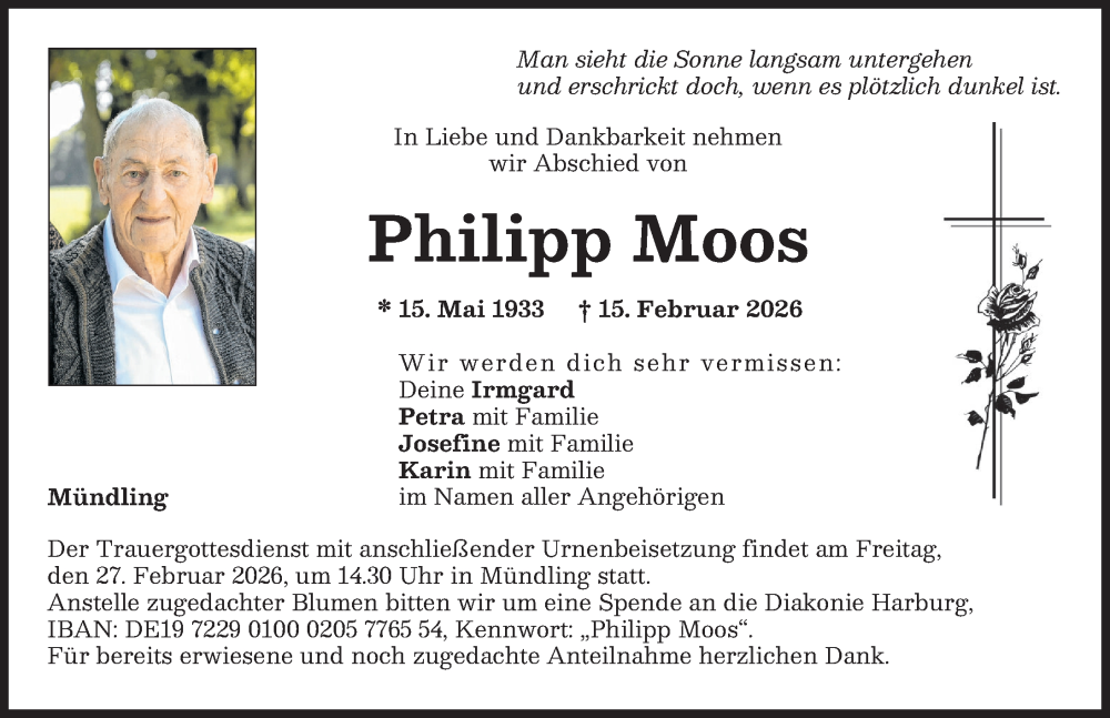  Traueranzeige für Philipp Moos vom 25.02.2026 aus Donauwörther Zeitung
