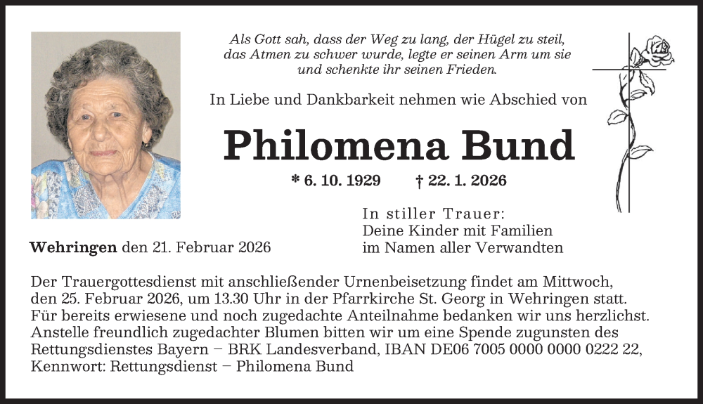  Traueranzeige für Philomena Bund vom 21.02.2026 aus Schwabmünchner Allgemeine