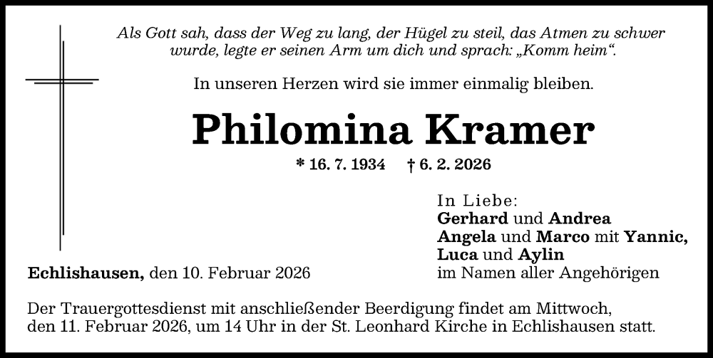  Traueranzeige für Philomina Kramer vom 10.02.2026 aus Günzburger Zeitung