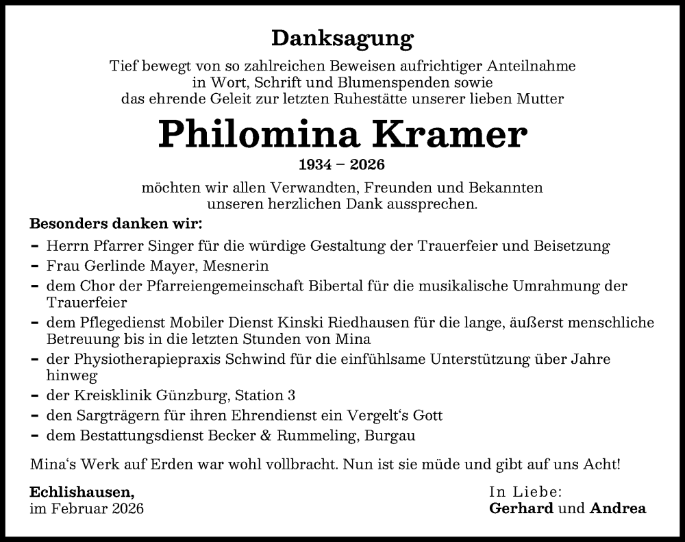 Traueranzeige von Philomina Kramer von Günzburger Zeitung