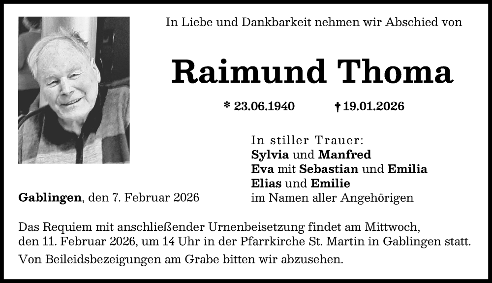  Traueranzeige für Raimund Thoma vom 07.02.2026 aus Augsburg-Land