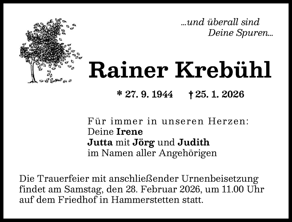  Traueranzeige für Rainer Krebühl vom 21.02.2026 aus Günzburger Zeitung