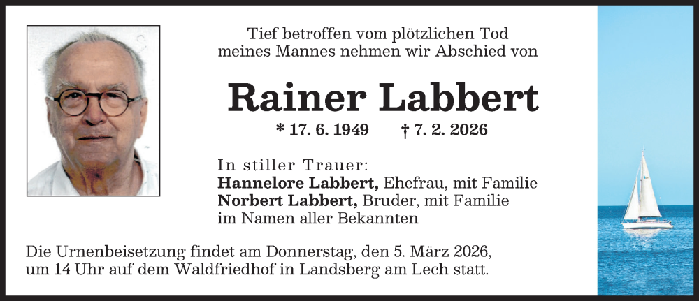  Traueranzeige für Rainer Labbert vom 21.02.2026 aus Landsberger Tagblatt