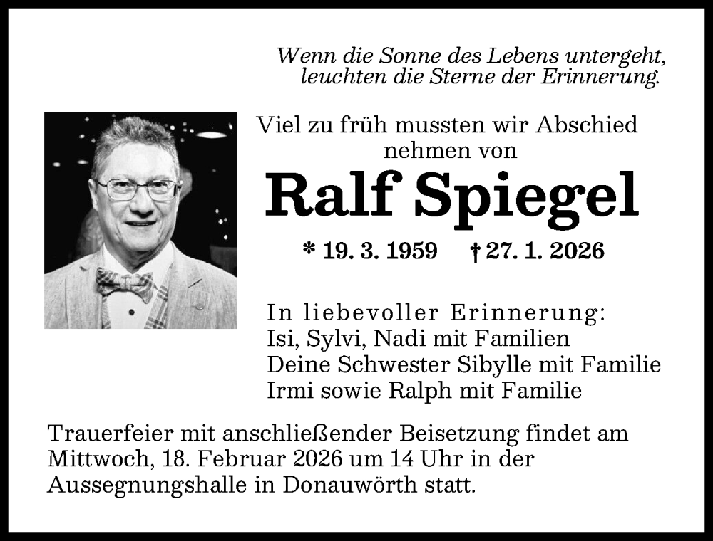  Traueranzeige für Ralf Spiegel vom 07.02.2026 aus Donauwörther Zeitung, Donau Zeitung