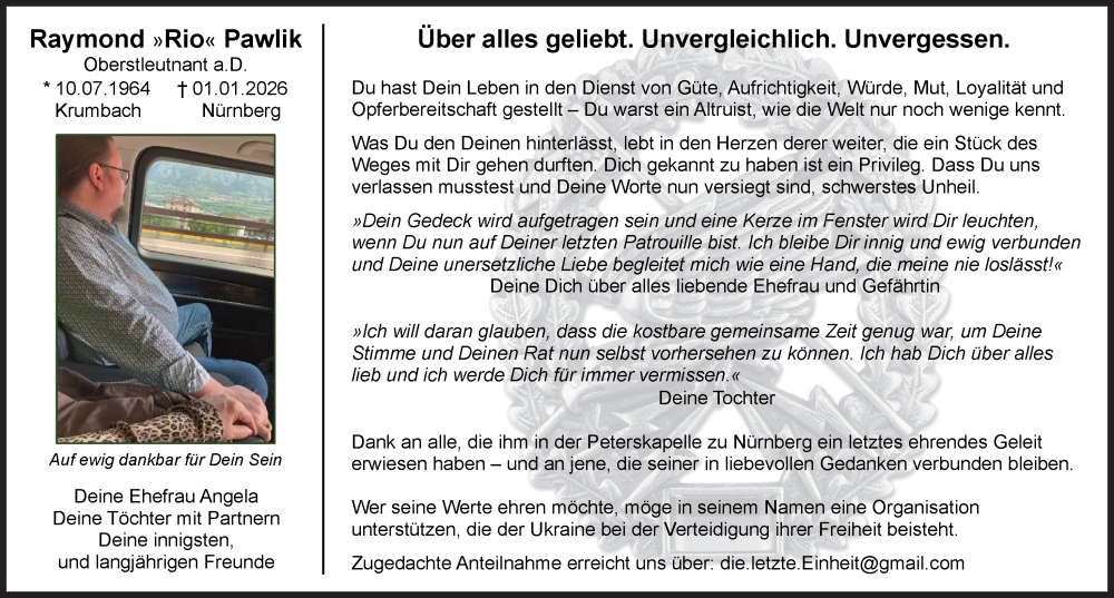  Traueranzeige für Raymond Pawlik vom 21.02.2026 aus Augsburger Allgemeine
