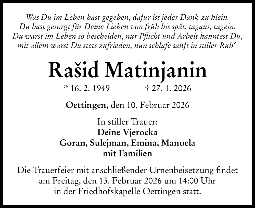  Traueranzeige für Rašid Matinjanin vom 10.02.2026 aus Rieser Nachrichten