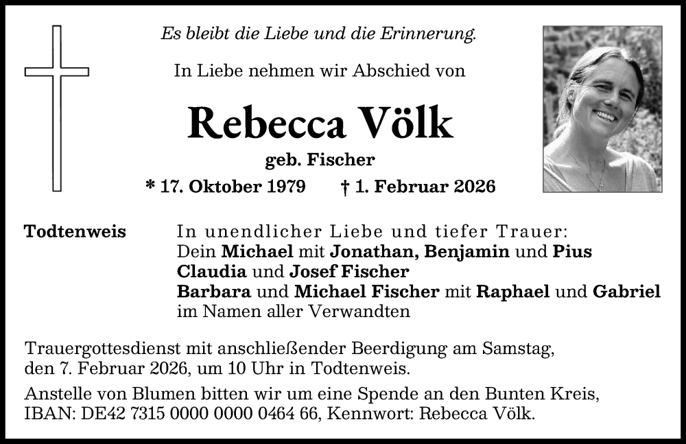  Traueranzeige für Rebecca Völk vom 04.02.2026 aus Aichacher Nachrichten