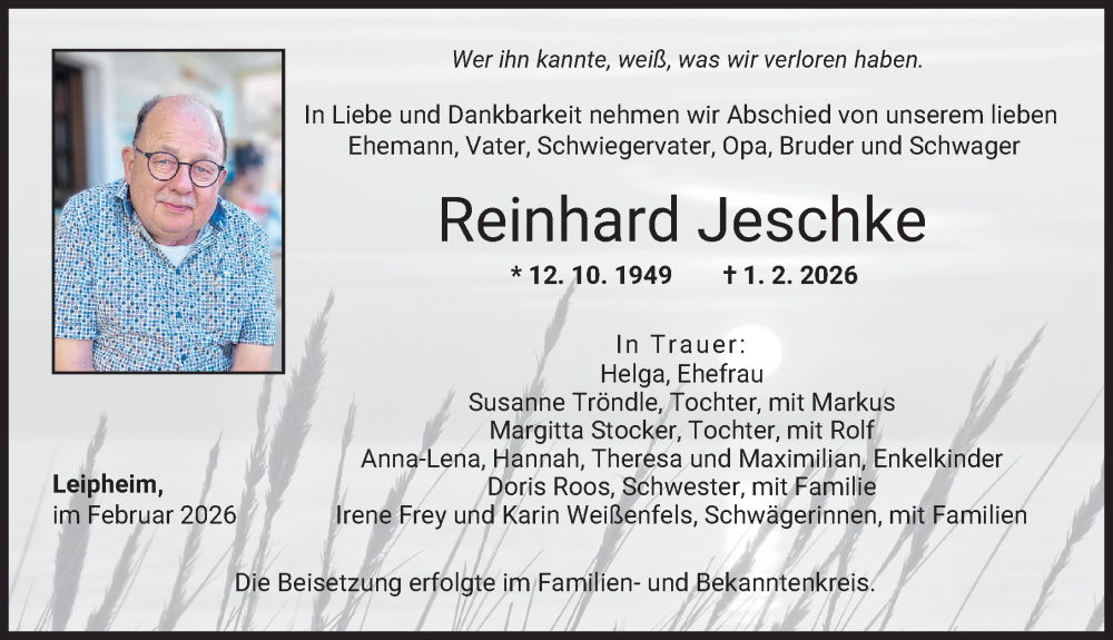  Traueranzeige für Reinhard Jeschke vom 24.02.2026 aus Günzburger Zeitung