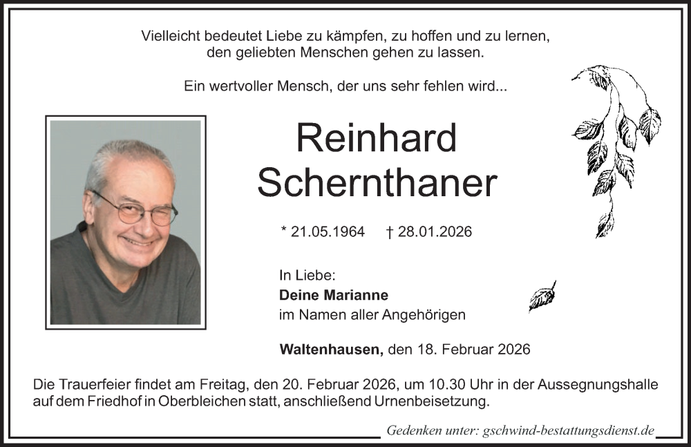  Traueranzeige für Reinhard Schernthaner vom 18.02.2026 aus Mittelschwäbische Nachrichten