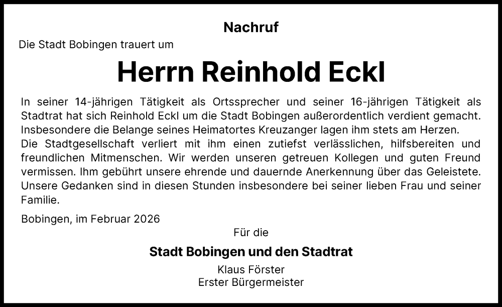  Traueranzeige für Reinhold Eckl vom 28.02.2026 aus Schwabmünchner Allgemeine