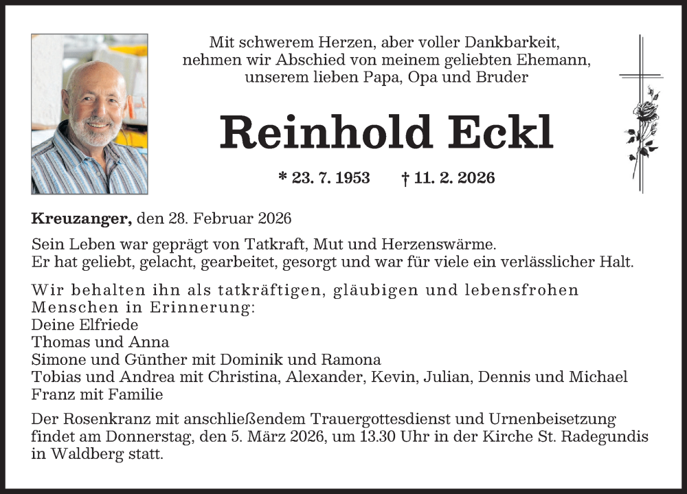  Traueranzeige für Reinhold Eckl vom 28.02.2026 aus Augsburger Allgemeine