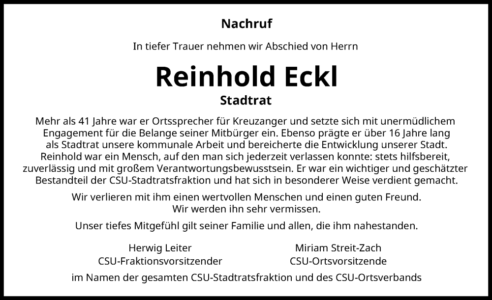  Traueranzeige für Reinhold Eckl vom 28.02.2026 aus Schwabmünchner Allgemeine