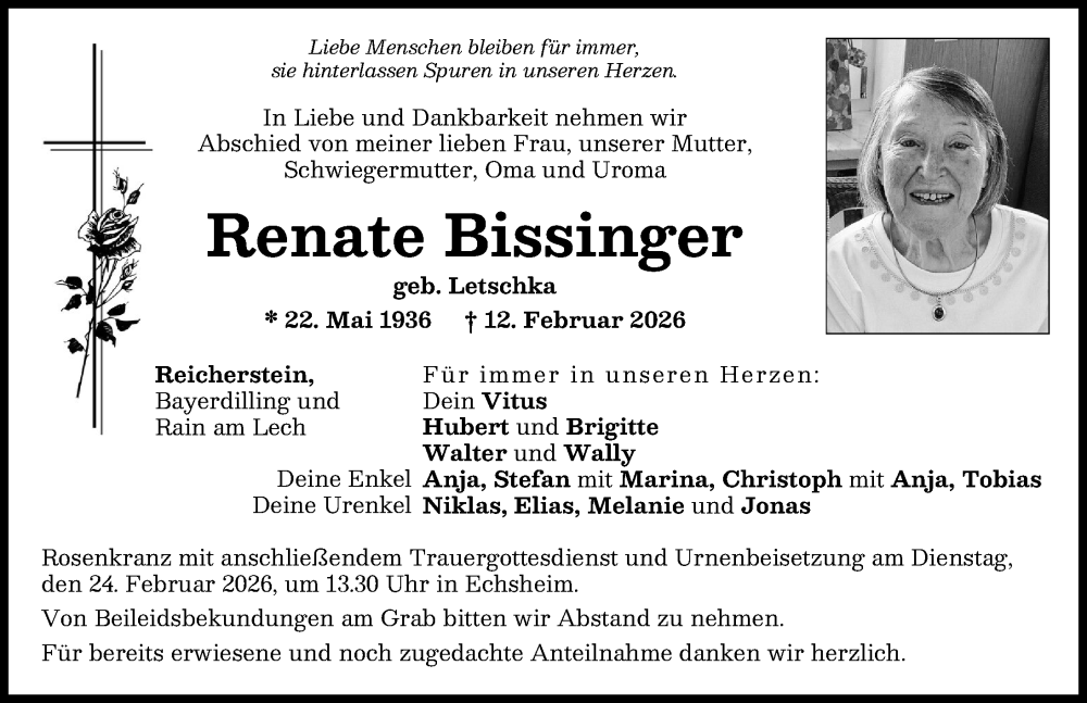  Traueranzeige für Renate Bissinger vom 19.02.2026 aus Aichacher Nachrichten