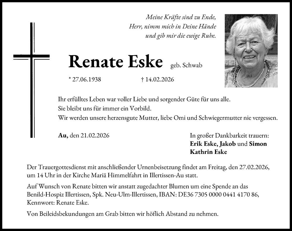  Traueranzeige für Renate Eske vom 21.02.2026 aus Illertisser Zeitung