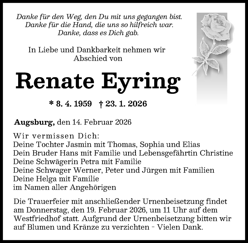  Traueranzeige für Renate Eyring vom 14.02.2026 aus Augsburger Allgemeine