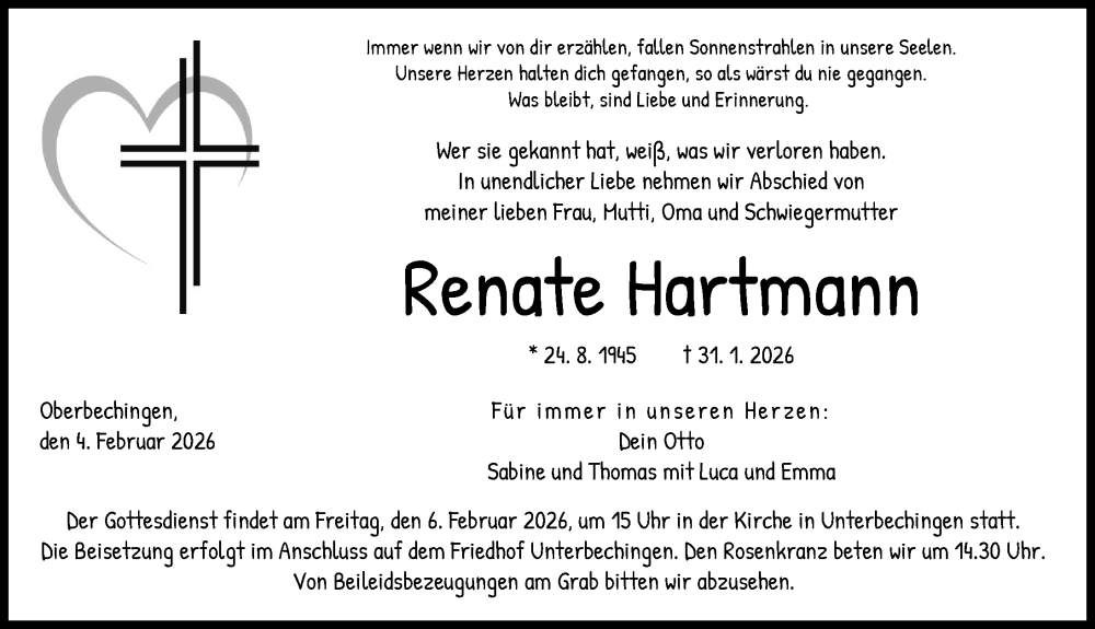  Traueranzeige für Renate Hartmann vom 04.02.2026 aus Donau Zeitung