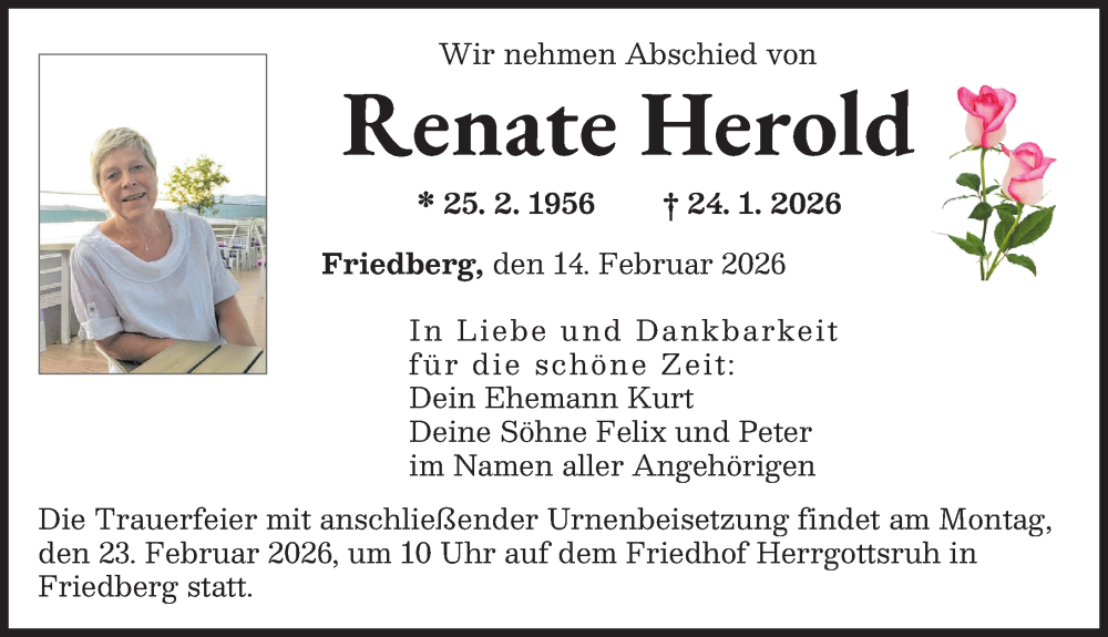  Traueranzeige für Renate Herold vom 14.02.2026 aus Augsburger Allgemeine, Friedberger Allgemeine