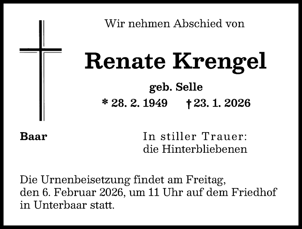  Traueranzeige für Renate Krengel vom 02.02.2026 aus Aichacher Nachrichten