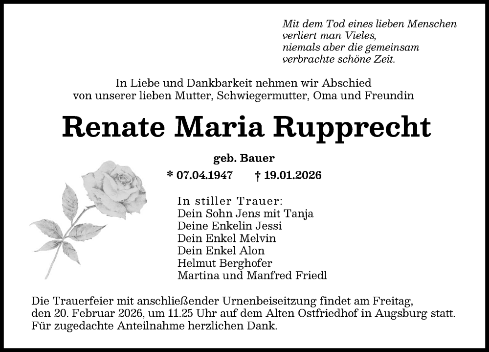 Traueranzeige für Renate Maria Rupprecht vom 14.02.2026 aus Augsburger Allgemeine