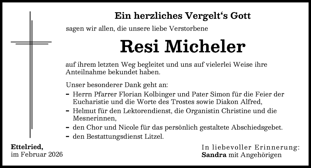  Traueranzeige für Resi Micheler vom 21.02.2026 aus Augsburg-Land