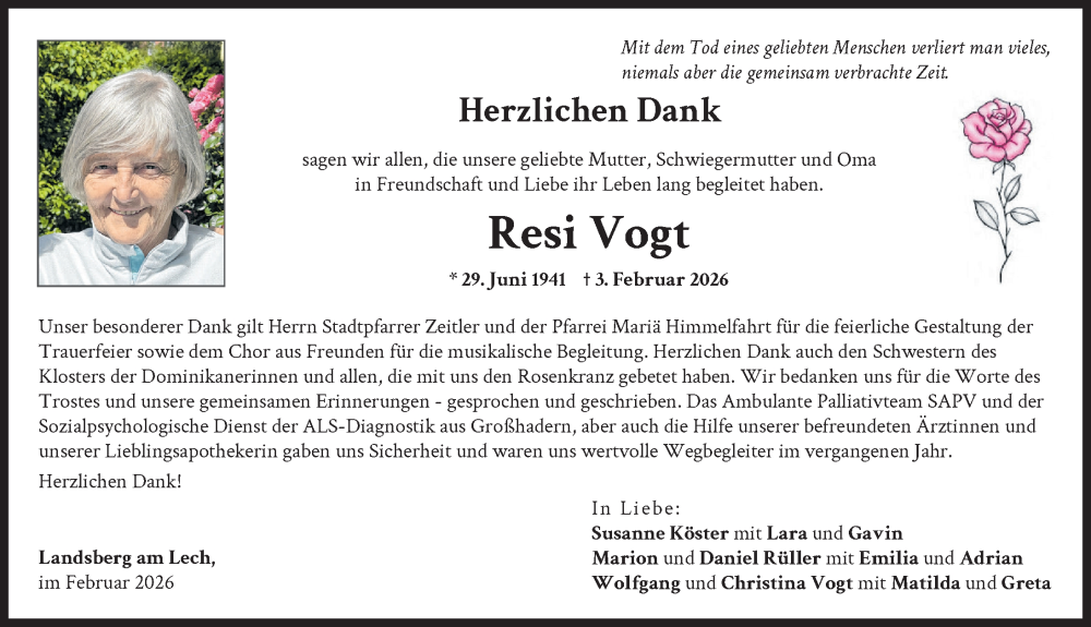 Traueranzeige für Resi Vogt vom 14.02.2026 aus Landsberger Tagblatt