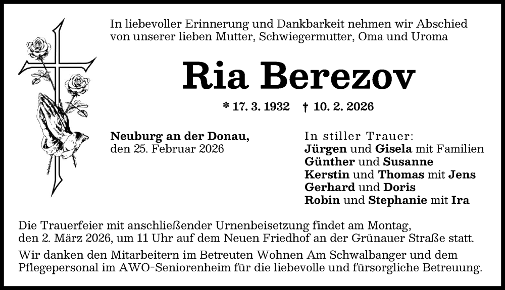  Traueranzeige für Ria Berezov vom 25.02.2026 aus Neuburger Rundschau