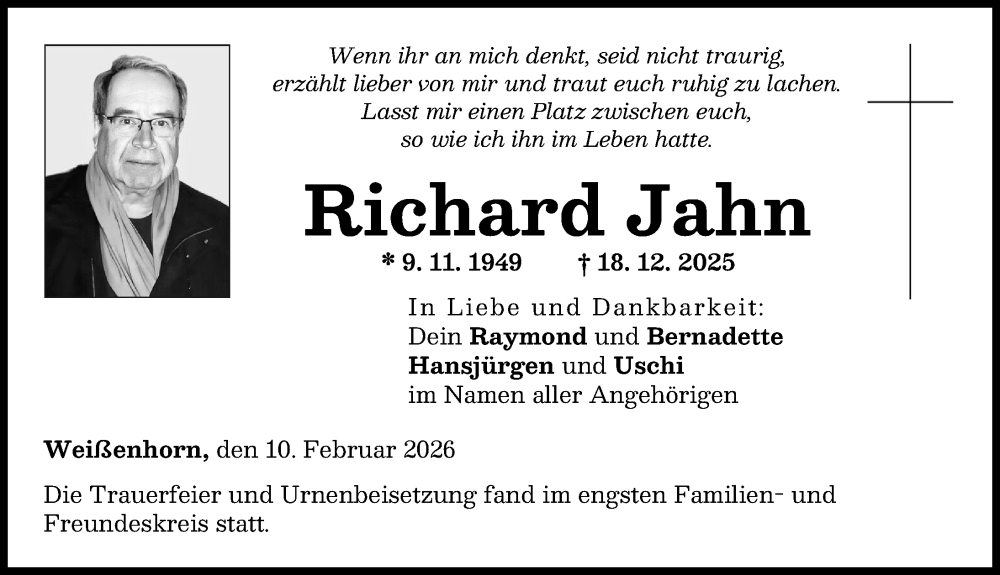  Traueranzeige für Richard Jahn vom 10.02.2026 aus Neu-Ulmer Zeitung