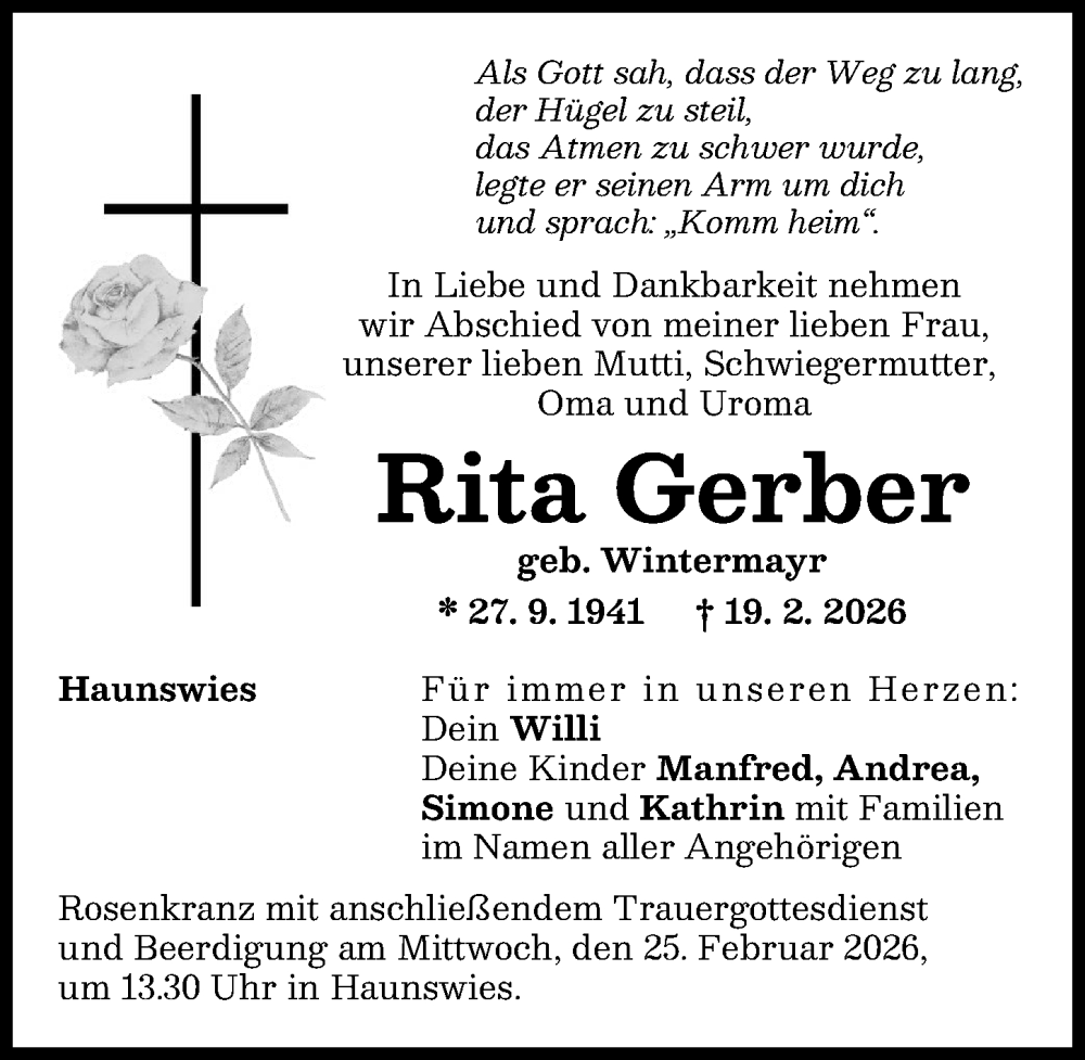  Traueranzeige für Rita Gerber vom 24.02.2026 aus Aichacher Nachrichten