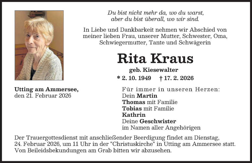 Traueranzeige für Rita Kraus vom 21.02.2026 aus Landsberger Tagblatt