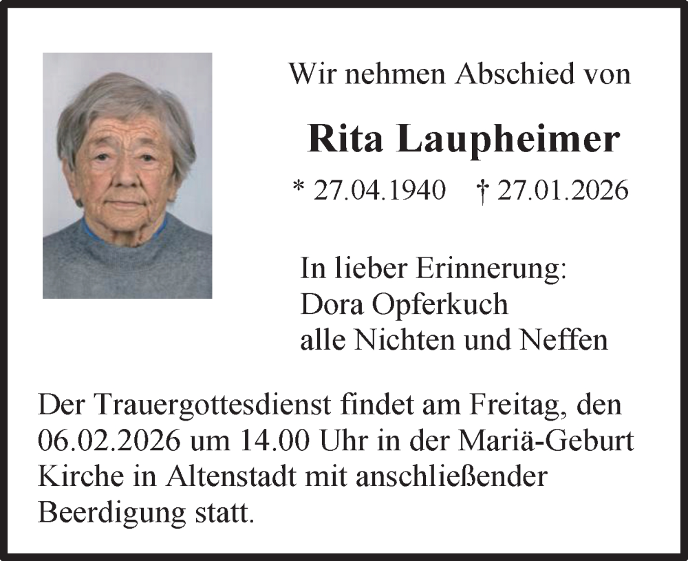  Traueranzeige für Rita Laupheimer vom 03.02.2026 aus Illertisser Zeitung