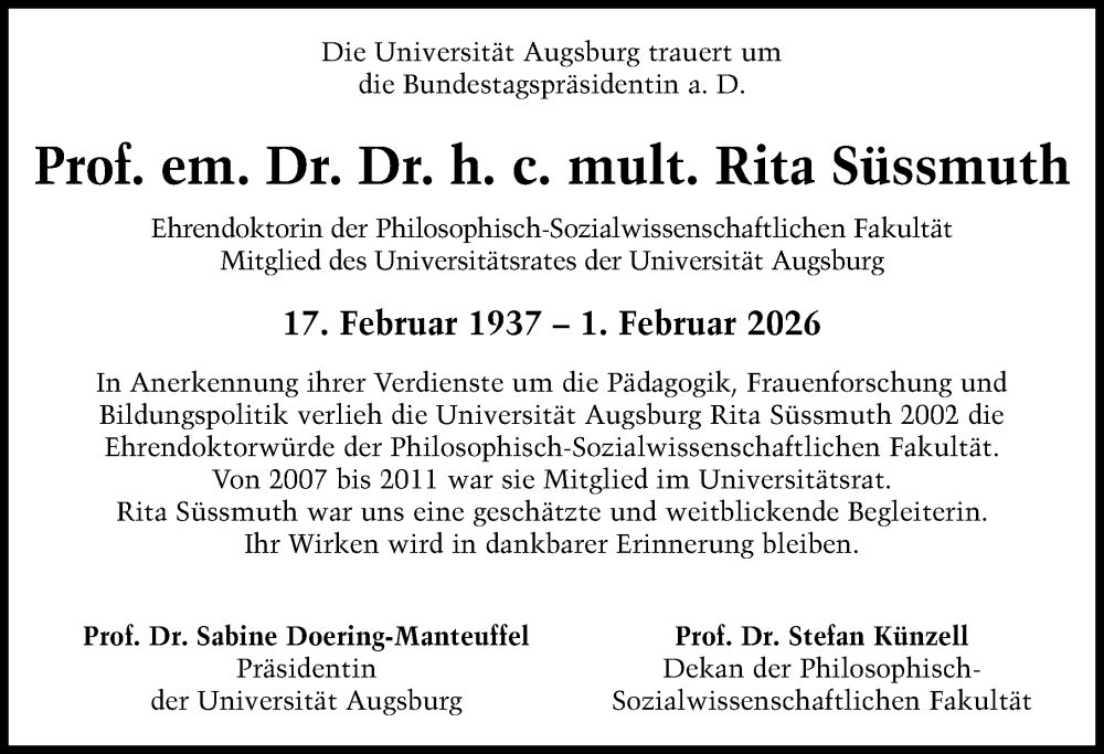  Traueranzeige für Rita Süssmuth vom 05.02.2026 aus Augsburger Allgemeine