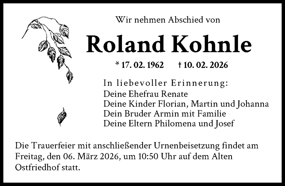  Traueranzeige für Roland Kohnle vom 28.02.2026 aus Augsburger Allgemeine