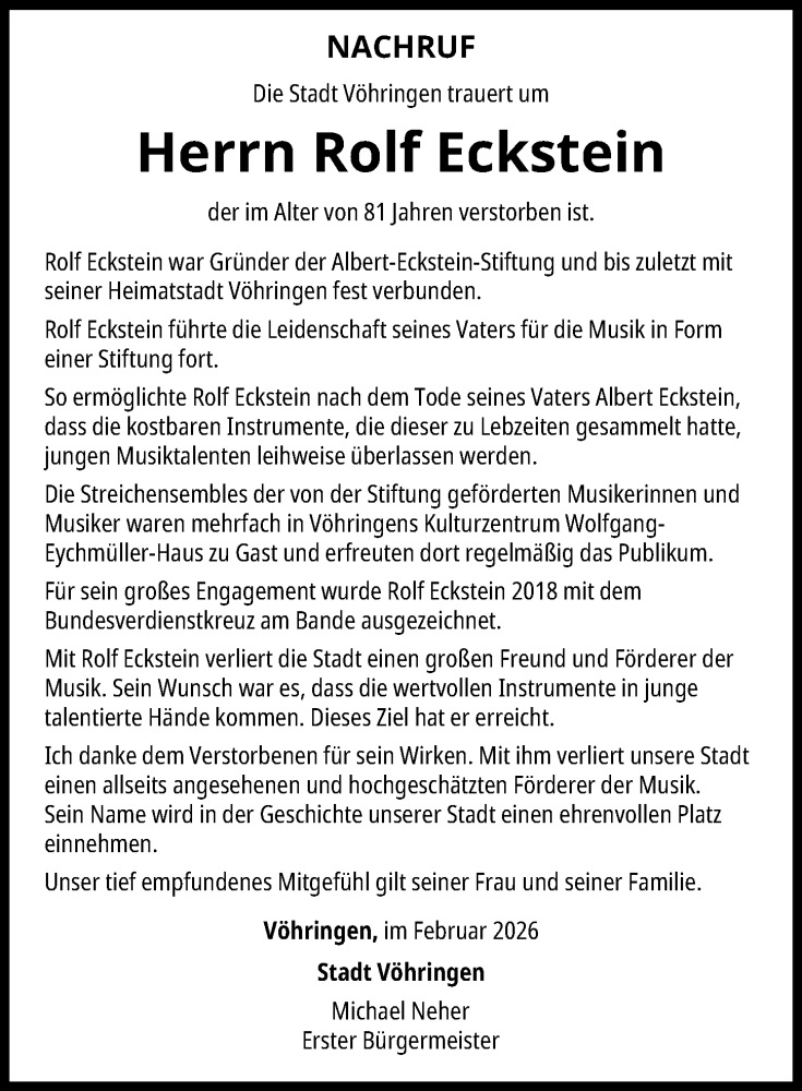  Traueranzeige für Rolf Eckstein vom 27.02.2026 aus Illertisser Zeitung