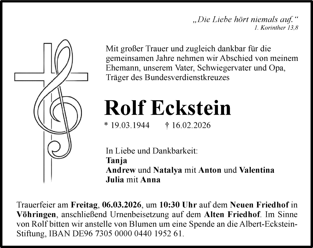  Traueranzeige für Rolf Eckstein vom 21.02.2026 aus Illertisser Zeitung