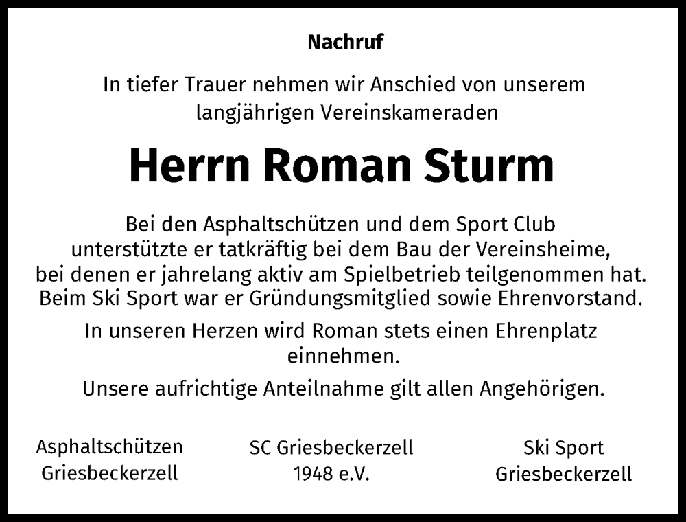  Traueranzeige für Roman Sturm vom 06.02.2026 aus Aichacher Nachrichten