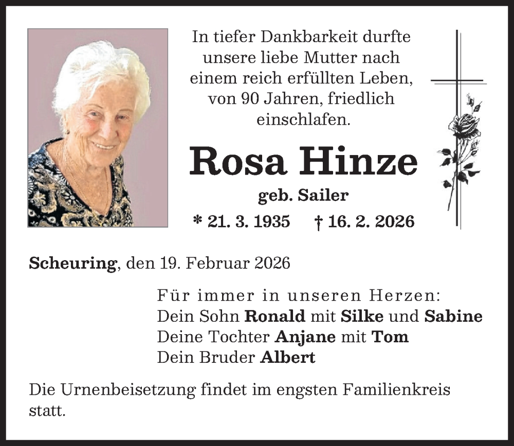  Traueranzeige für Rosa Hinze vom 19.02.2026 aus Landsberger Tagblatt