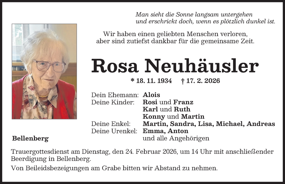  Traueranzeige für Rosa Neuhäusler vom 20.02.2026 aus Illertisser Zeitung
