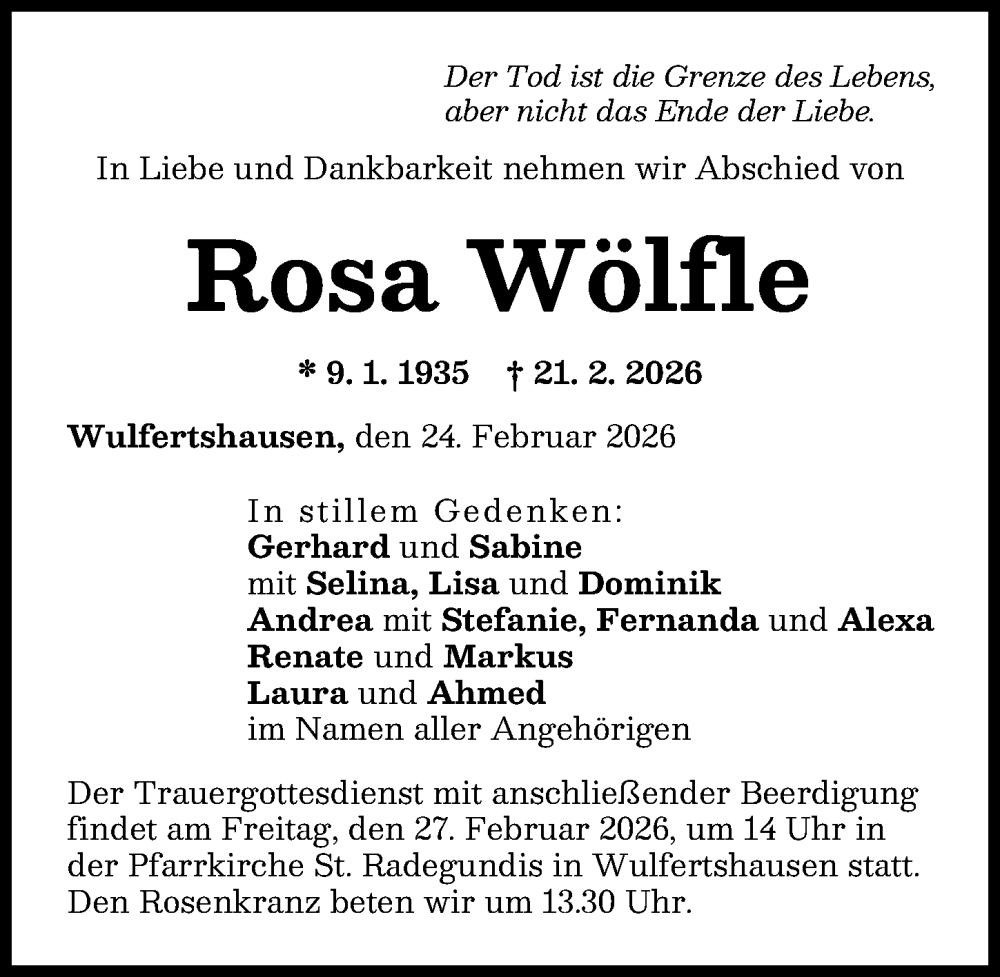  Traueranzeige für Rosa Wölfle vom 24.02.2026 aus Friedberger Allgemeine