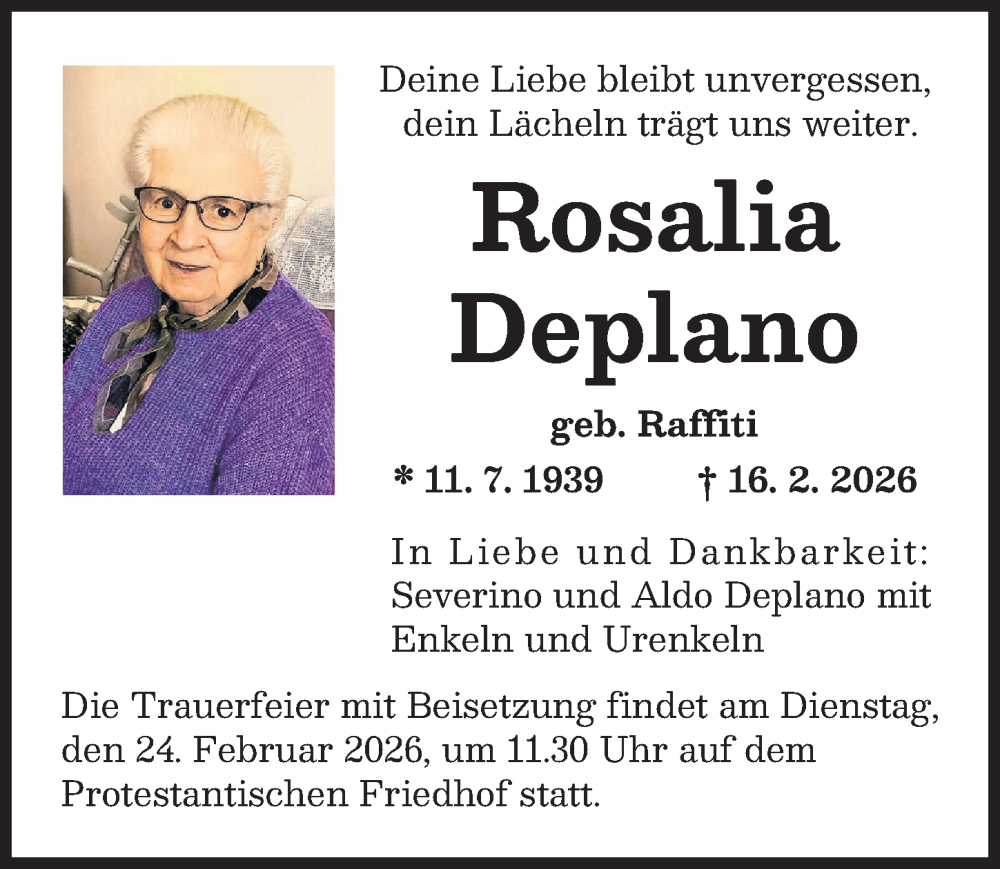  Traueranzeige für Rosalia Deplano vom 21.02.2026 aus Augsburger Allgemeine